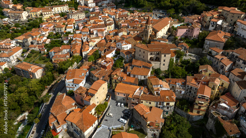 Fototapeta Naklejka Na Ścianę i Meble -  Aerial view of the town of Maratea, in the province of Potenza, Basilicata, Italy. It's a small village with many narrow streets and a few houses perched on the mountain.