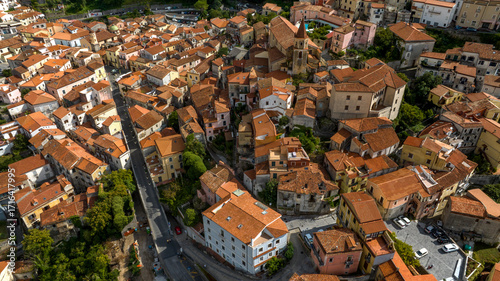 Fototapeta Naklejka Na Ścianę i Meble -  Aerial view of the town of Maratea, in the province of Potenza, Basilicata, Italy. It's a small village with many narrow streets and a few houses perched on the mountain.