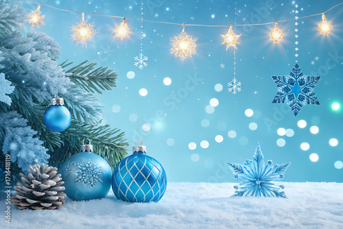 Festive Blue Christmas: A frosty fir tree and glittering ornaments in a whimsical, winter wonderland. capturing the magic of the holiday spirit and the beauty of a snowy landscape.