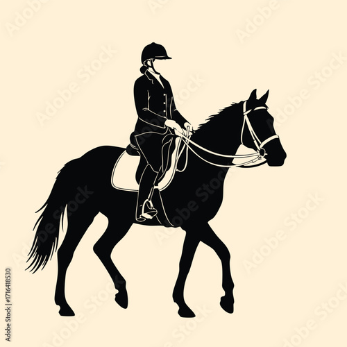 Silhouette of a person wearing equestrian attire riding a horse in a poised and controlled manner outdoors