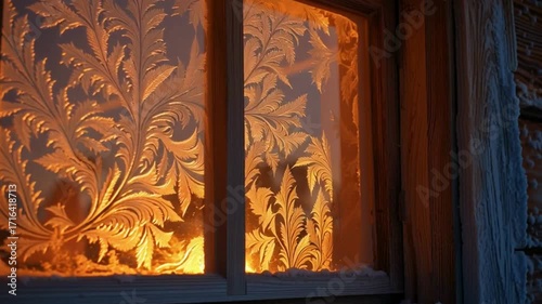 Frosted window with warm indoor light and wooden frame in winter