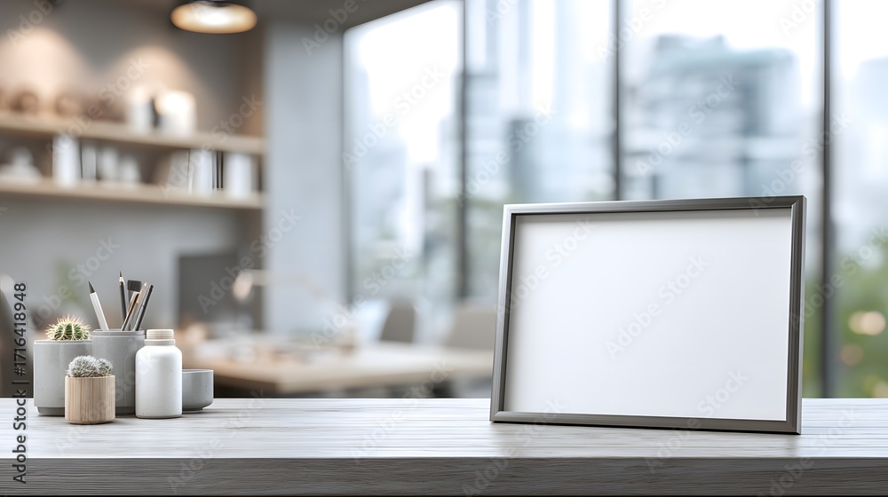 Fototapeta premium Minimalist Workspace with Empty Frame and Decorative Elements