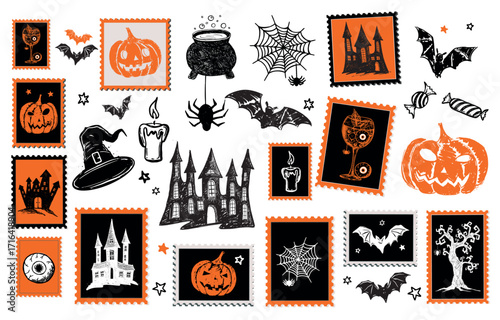 Halloween Stamps, mail, postcard hand drawn illustration