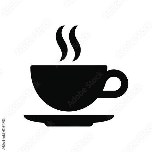 Simple black silhouette of a steaming coffee cup on a saucer icon
