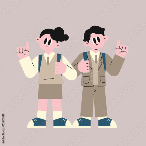 Schoolchildren raising hands. 
Students wearing school uniforms and carrying bags.