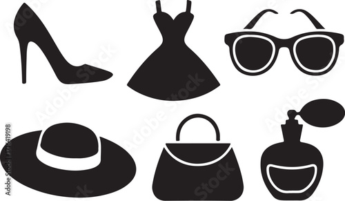 Chic fashion essentials: heels, dress, hat, bag, perfume