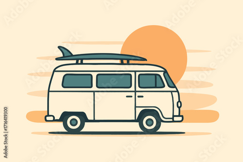Camper van with surfboard at sunset background