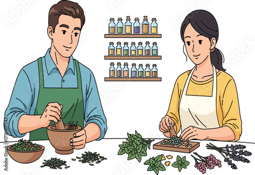 Herbal preparation, natural remedies, fresh herbs, mortar and pestle, essential oils, organic ingredients, traditional medicine, healing plants, herbal workshop, apothecary scene