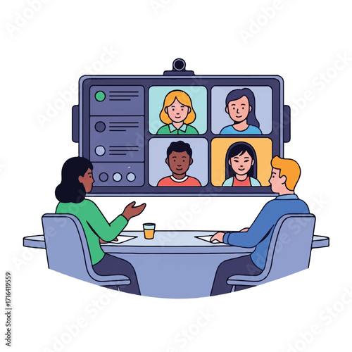 Illustration of two people sitting at a desk with a large computer screen displaying four other people's faces in a virtual meeting setting against a clean white background.