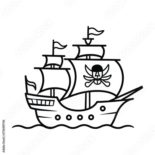 Pirate ship sailing on the ocean with jolly roger flag and waves