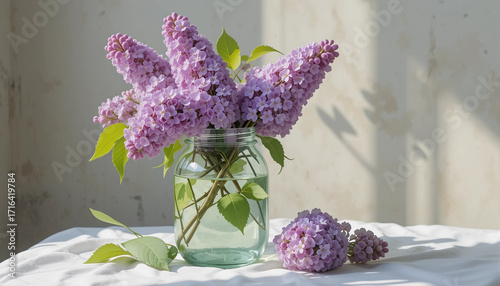 Fresh lilac flowers arranged in a glass jar, creating a beautiful spring bouquet