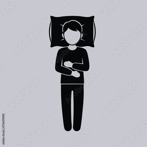 Black silhouette of a person lying on a pillow with arms crossed over the stomach on a gray background