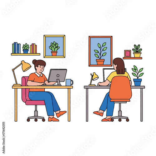 Two women working on laptops at desks in a colorful, modern office space with plants and artwork on the walls.