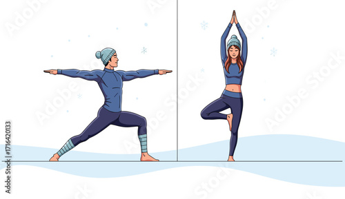 Winter yoga, outdoor fitness, snow background, wellness lifestyle, yoga poses, seasonal exercise, peaceful balance, mindful movement, healthy living, nature workout