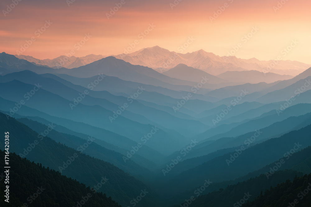 Fototapeta premium Scenic Himalaya mountain range at sunrise with layered ridges, yellow, orange, blue and violet tones background 
