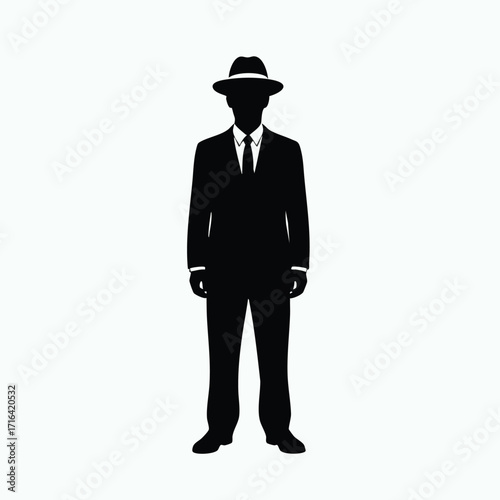 Silhouette of a man wearing a suit and fedora hat standing against a plain light background in full length