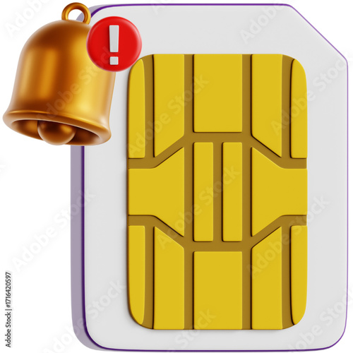 Mobile communication concept featuring a microchip SIM card with a notification alarm bell, signifying a security warning, data limit alert, or a new message