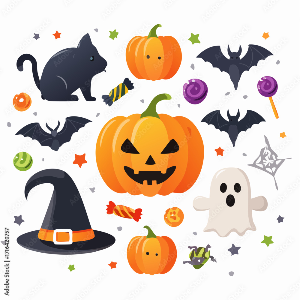 Naklejka premium Flat Vector Halloween Symbols Collection