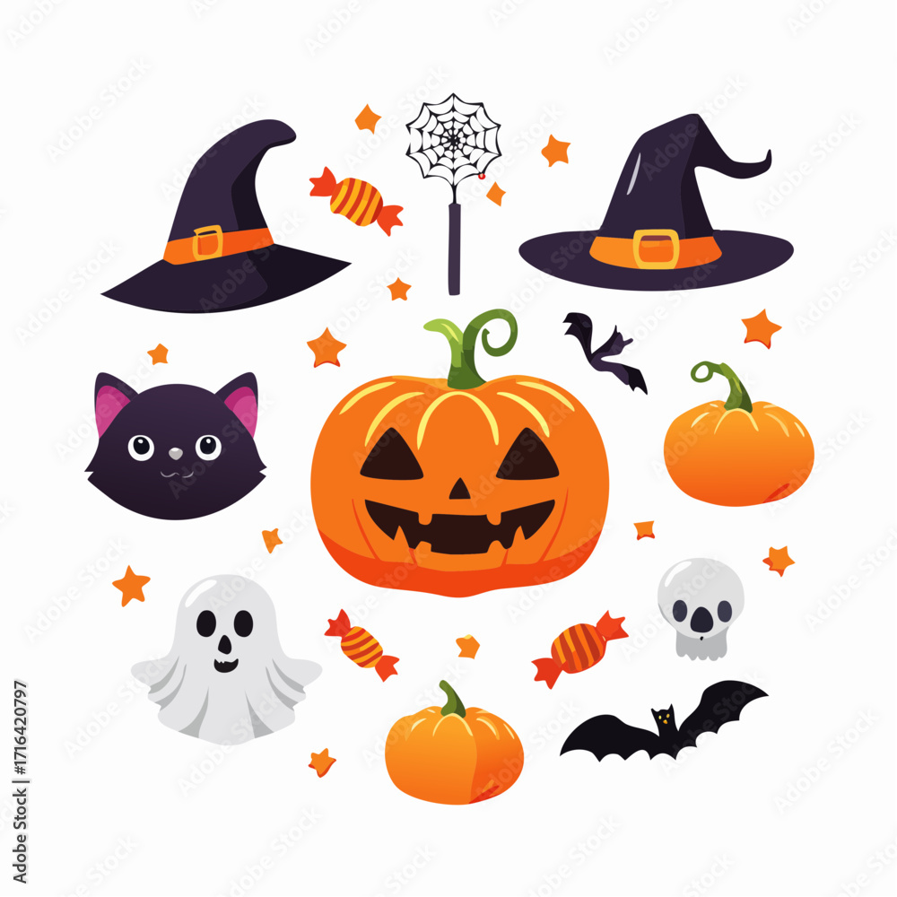 Fototapeta premium Halloween Vector Icon Set with Pumpkins and Ghosts