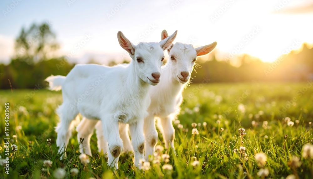 Obraz premium Two baby goats in a field at sunset