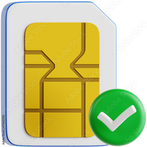 3D rendering of a SIM card with a check mark, indicating successful activation and connection for mobile devices, symbolizing connectivity