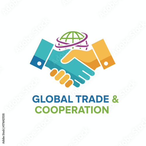 A logo for global trade and cooperation featuring a handshake and a globe, symbolizing international business and partnership.