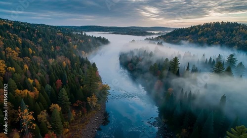 video of aerial view of river winding through autumn forest 