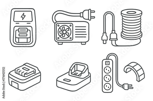 Electrical tools and equipment: battery, generator, cord reel, adapter, power strip, cable clip icons