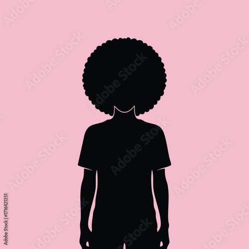 Silhouette of a person with an afro hairstyle standing against a solid pastel pink background in minimalistic style