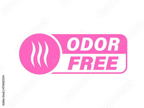 Odor free label. Sign with the symbol inside a circle and text on the right in pink and white colors.