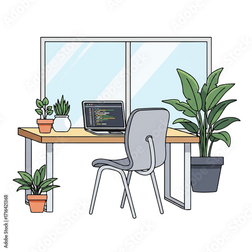 Illustration of a modern office workspace with a desk, chair, laptop, and potted plants near a window with a clean and minimalist aesthetic.