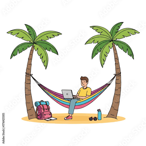 A man works on a laptop while relaxing in a colorful hammock between two palm trees on a sandy beach with a backpack and water bottle nearby.