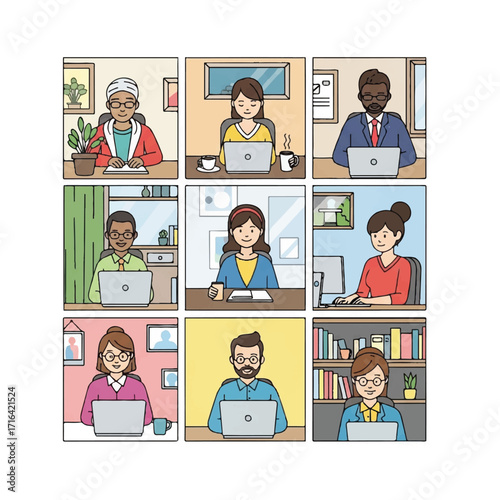 Illustration of diverse people working on laptops in various home office settings with a colorful and lively mood.