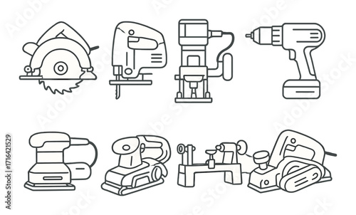 Collection of outline power tools on gray background
