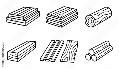 Collection of different lumber and wooden plank variations in black and white illustration