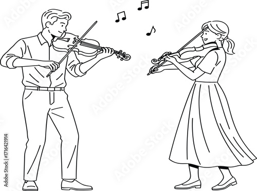violin, music, duet, performance, line art, black and white, illustration, musicians, dress, shirt, harmony, notes, classical, standing, artistic, sketch, collaboration, elegant, expressive, culture