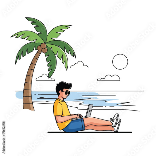 A man in casual summer attire works on a laptop under a palm tree by the ocean with a sunny sky.