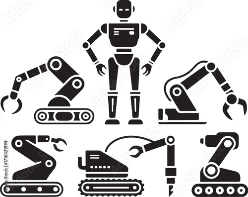 Robotic arms and humanoid robot icons for industry