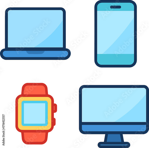 Vector graphic illustration of modern electronic devices including a laptop, smartphone, smartwatch, and desktop computer, rendered in a clean, flat 2D icon style with a minimalist aesthetic