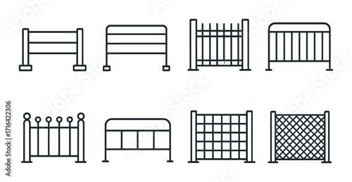 Variety of metal fence designs on dark background