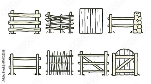 Illustrated collection of various fence styles on yellow background