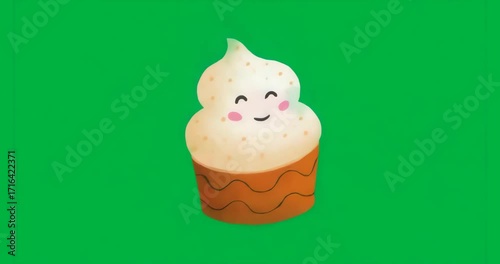 Appearing kawaii cupcake singing, changing face and glowing frosting looping on transparent canvas