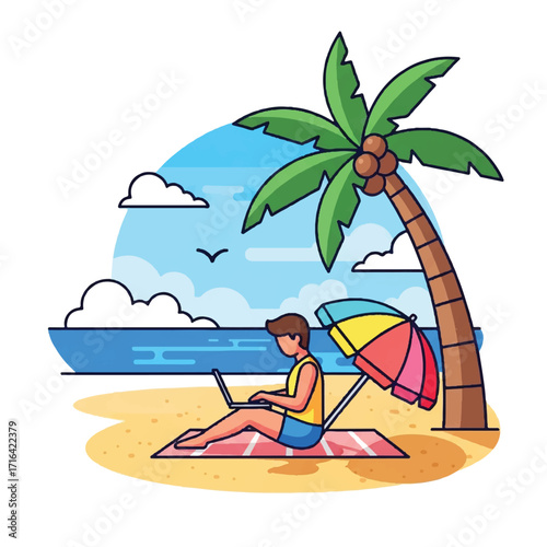 A woman works on a laptop while sitting on a beach towel under a palm tree and colorful umbrella with a serene ocean view in the background.