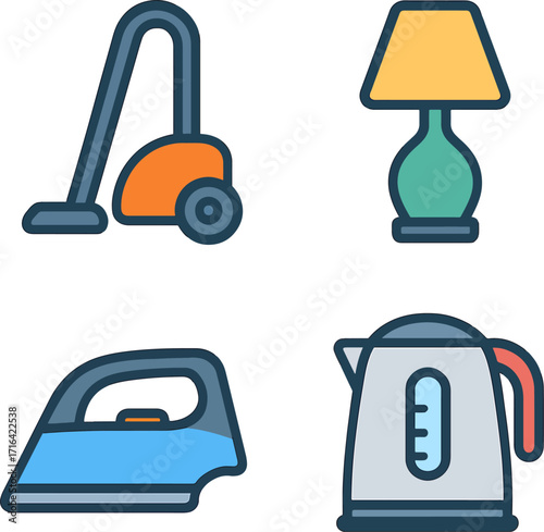 Vibrant flat style vector icon set featuring four essential household devices a vacuum cleaner, a table lamp, an electric iron, and a water kettle, ideal for modern digital projects