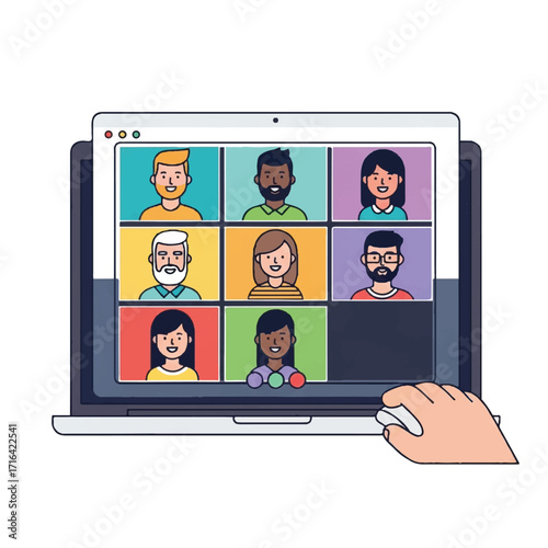 Flat illustration of a laptop screen displaying nine diverse people in a video conference with a hand holding the mouse on a white background.
