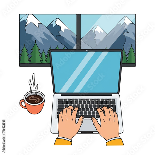 Illustration of hands typing on a laptop with a cup of coffee beside it and two computer monitors displaying a mountain landscape behind on a white background.