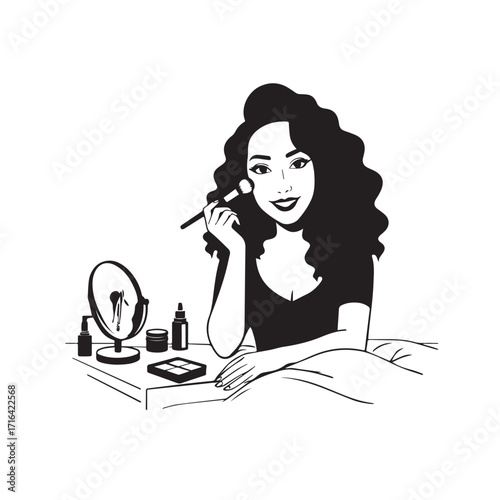 Black and white line art of a beautiful woman doing makeup at dressing table with mirror illustration