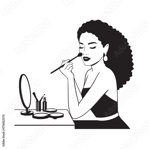 Black and white line art of a beautiful woman doing makeup at dressing table with mirror illustration