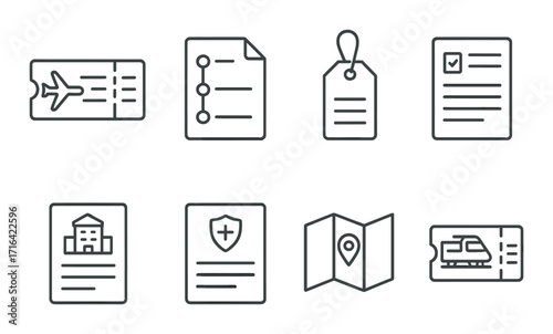 Travel icons set featuring tickets, itinerary, tags, maps, and documents
