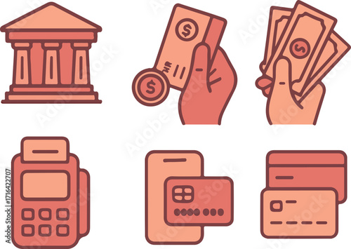 Collection of financial icons representing banking, transactions, and payment methods.